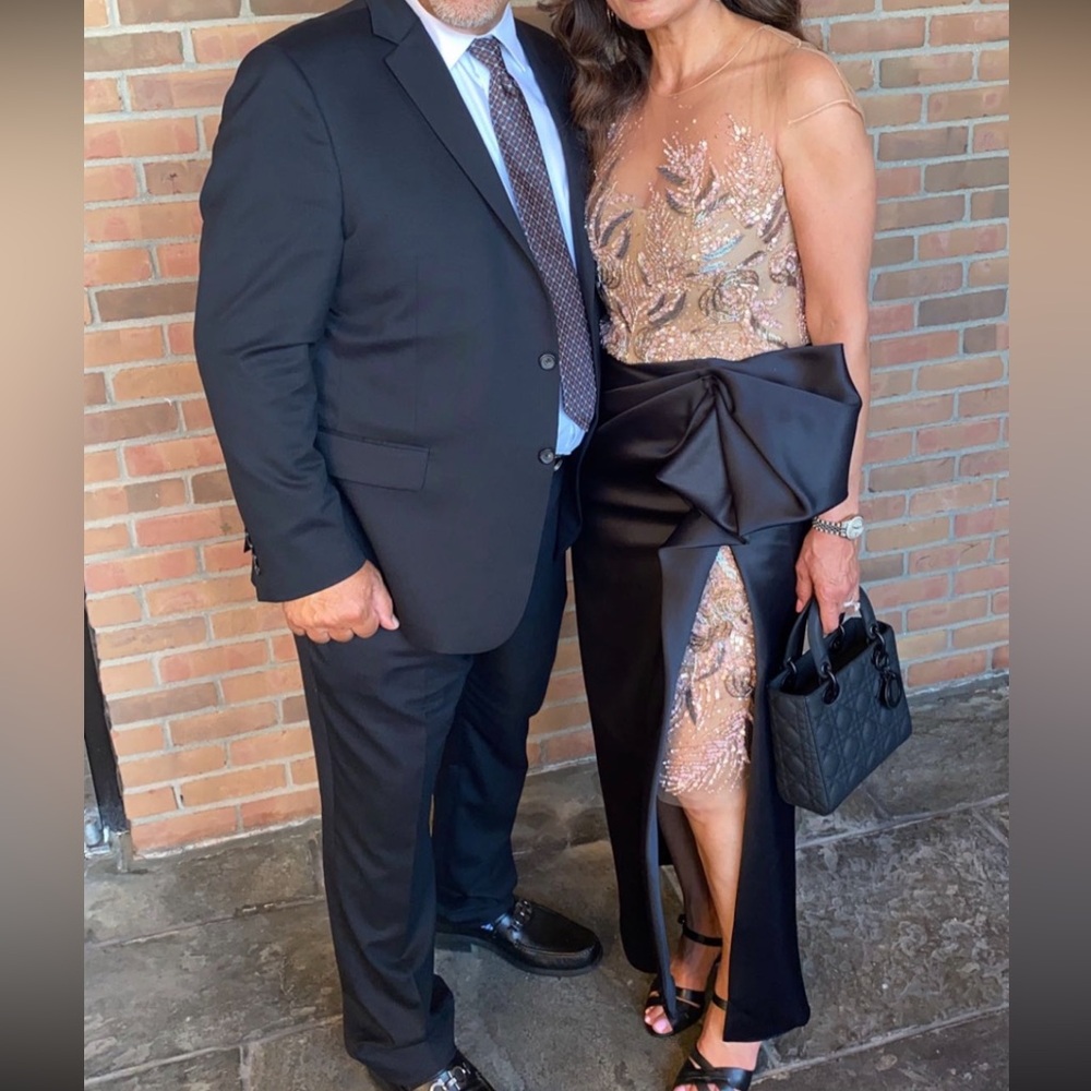 Marchesa beaded embellished illusion satin dress with front slit